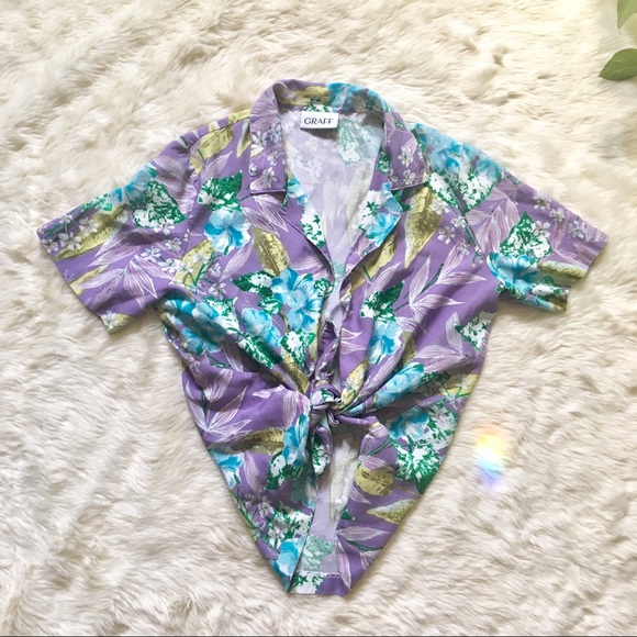 Vintage Tops - 1980s Lavender Floral Tie-Front Button Down